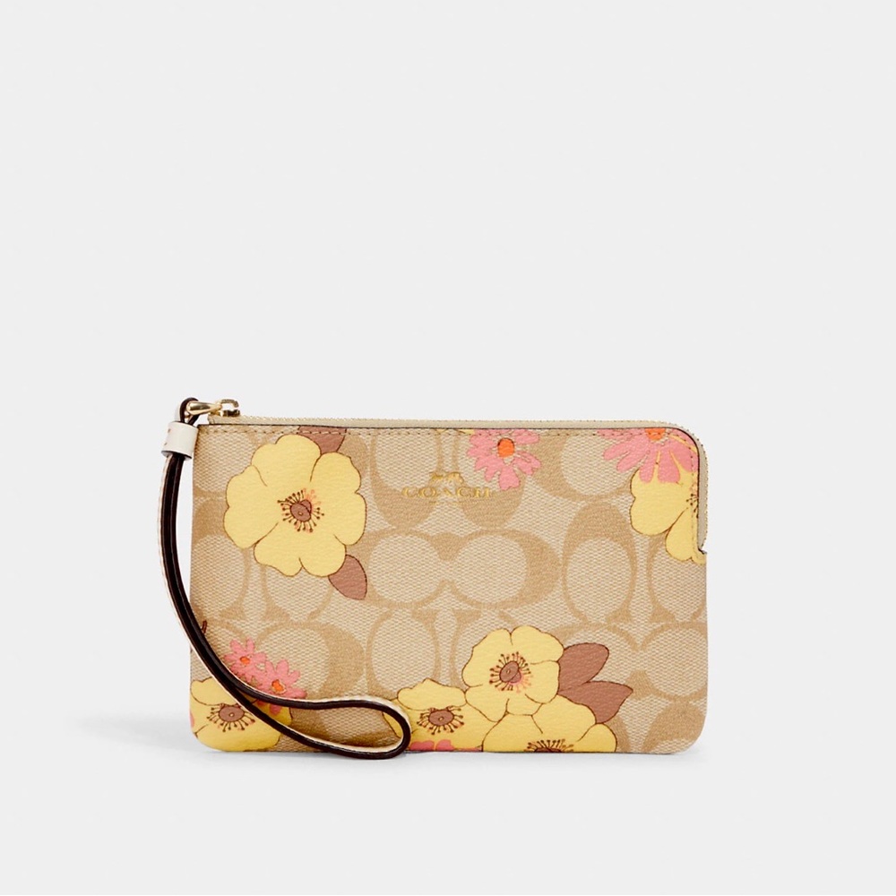 NWT Coach Corner Zip Wristlet In Signature Canvas With Floral Cluster Print